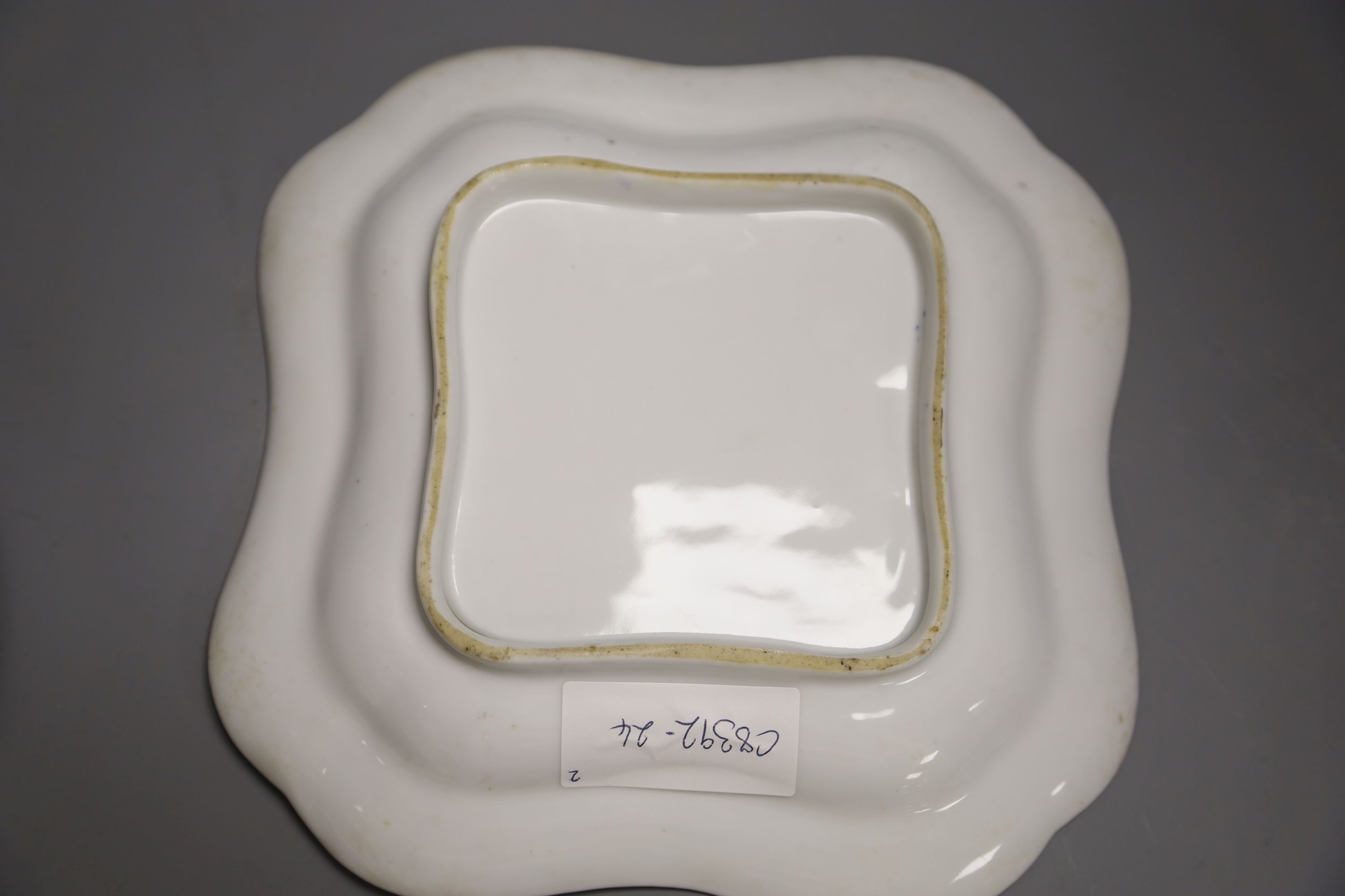 An 18th century Worcester square shaped dish with the Music pattern, 24cm, and a Worcester Flight period bowl